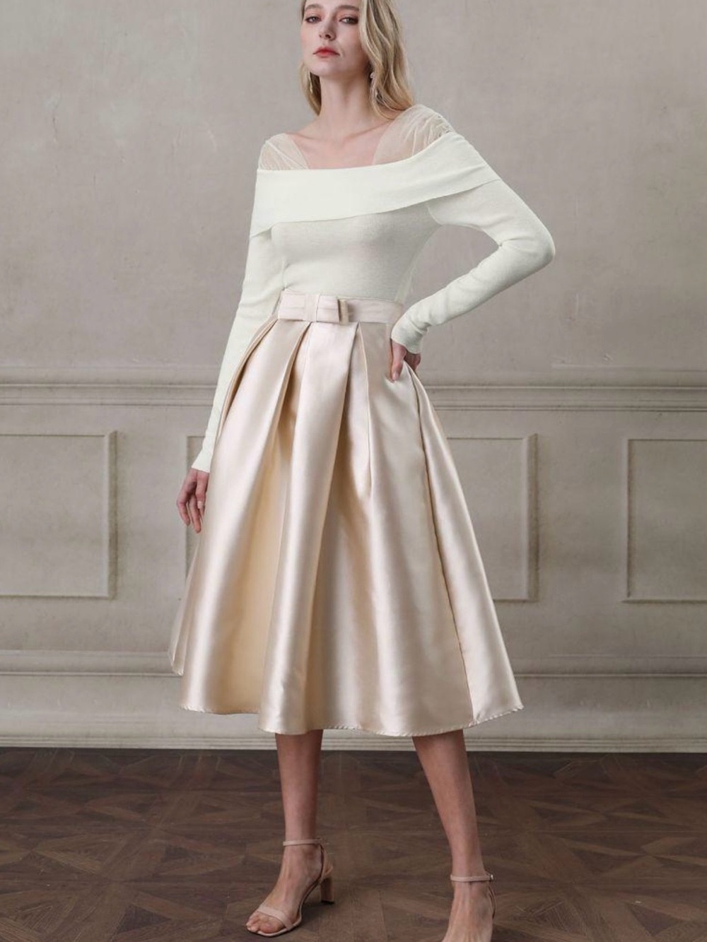 CHICWISH Luxurious Night Bowknot Pleated A-Line Skirt Champagne NWT
